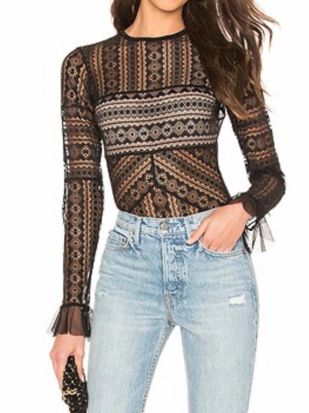 Thistle & Spire Jane Black Lace Long Sleeve Bodysuit Size M